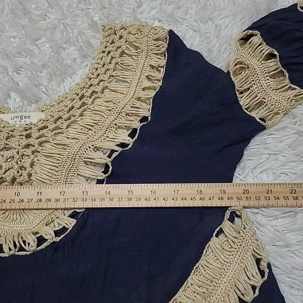 Umgee Navy Blue Beige Crochet Top Size L Boho Hippie Summer Beach Top Cover Up